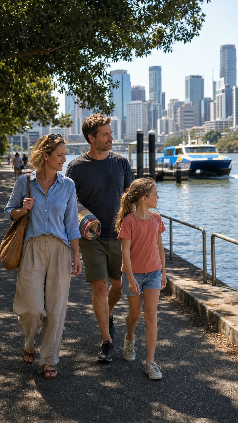 A family of three walk beside the Brisbane River towards a CityCat ferry on a sunny day.