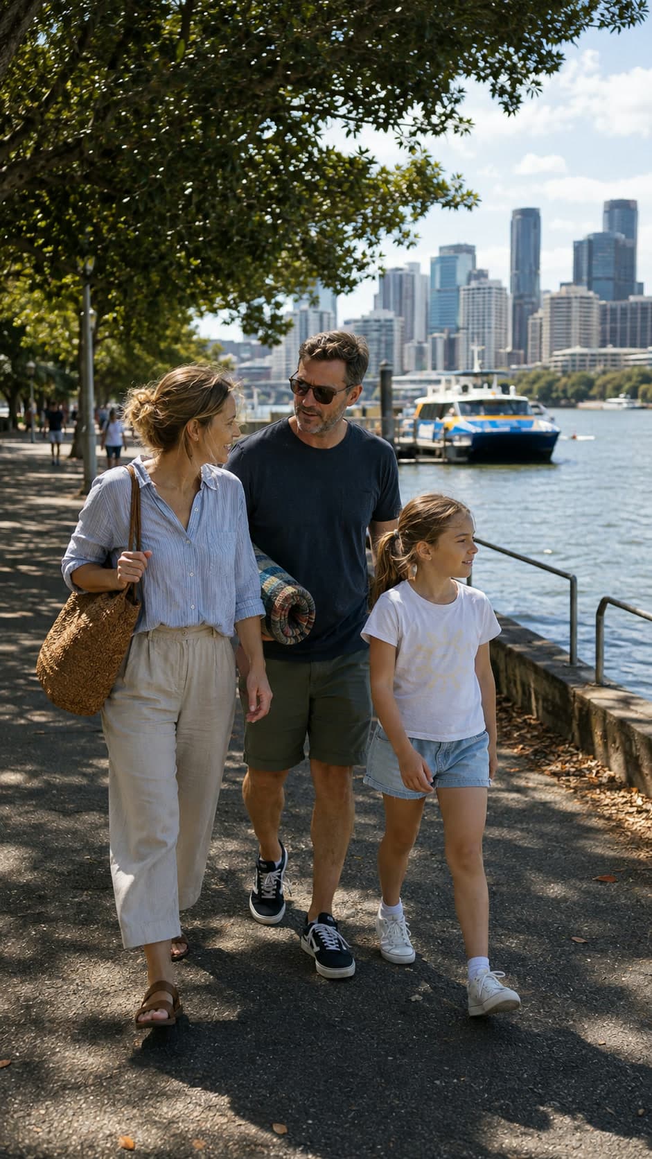 A family of three walk beside the Brisbane River towards a CityCat ferry on a sunny day.