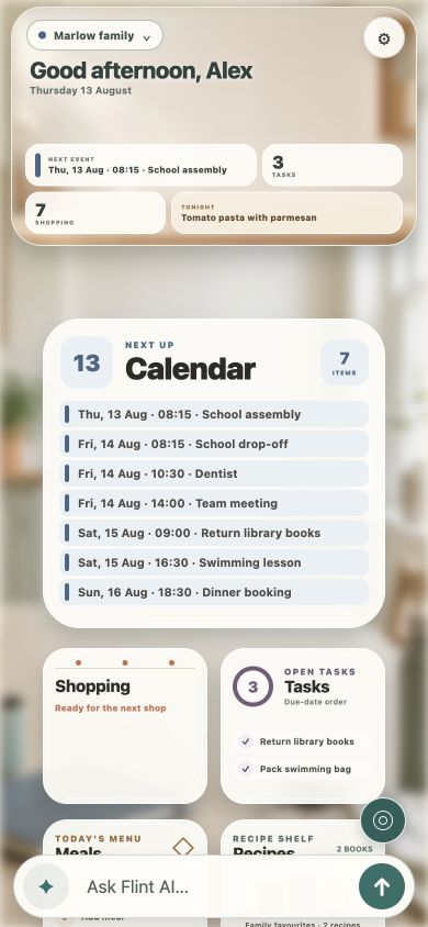 A fictional Marlow family Home showing Calendar, Tasks, Shopping and Meals together.