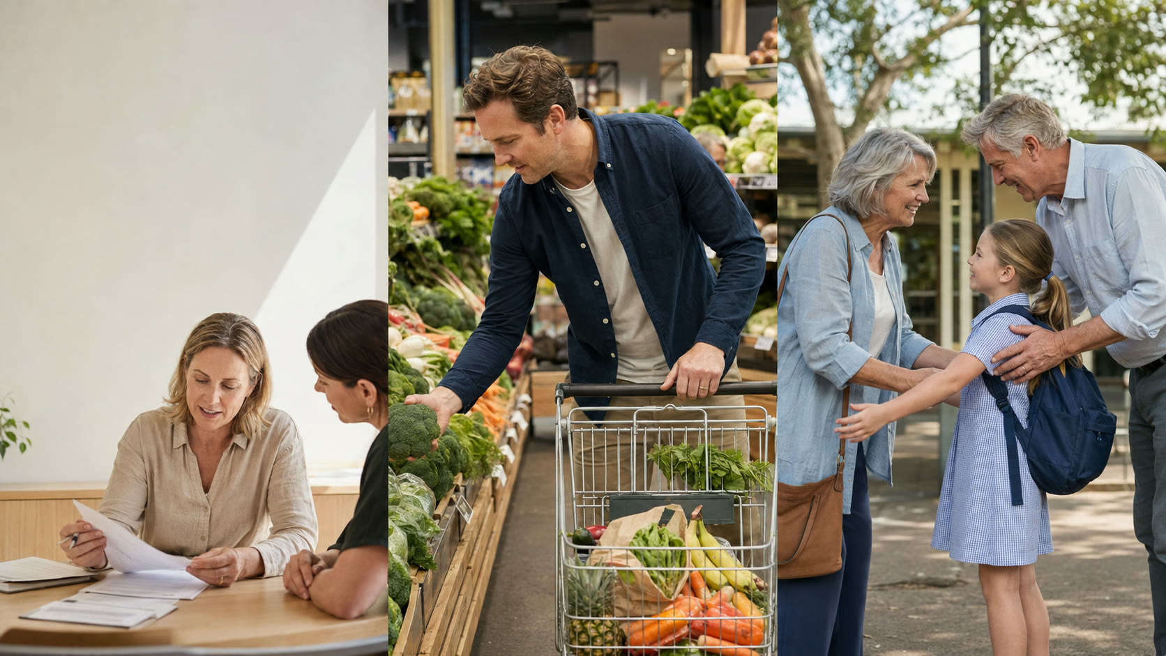 A mother reviews paperwork at work, a father shops for groceries, and grandparents greet their granddaughter after school.
