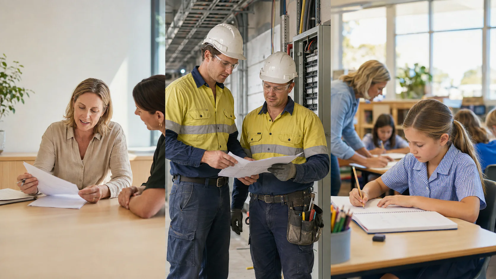 A mother works with a colleague, a father supervises an electrical job on site, and their daughter completes classwork at school.