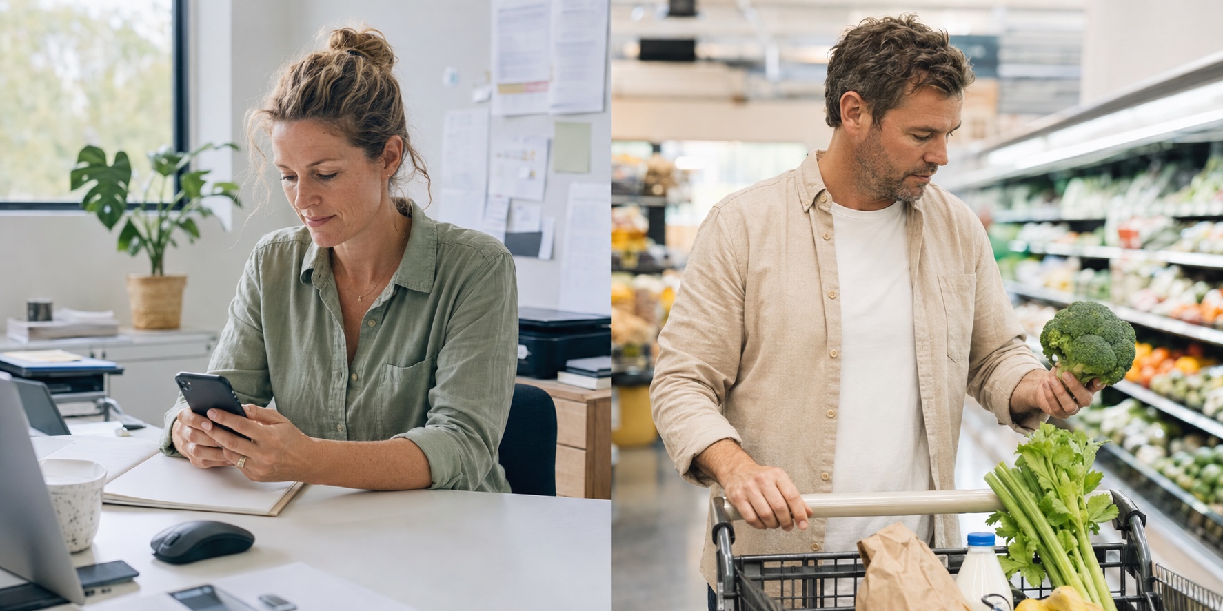 A mother checks her phone at work while a father shops for groceries.